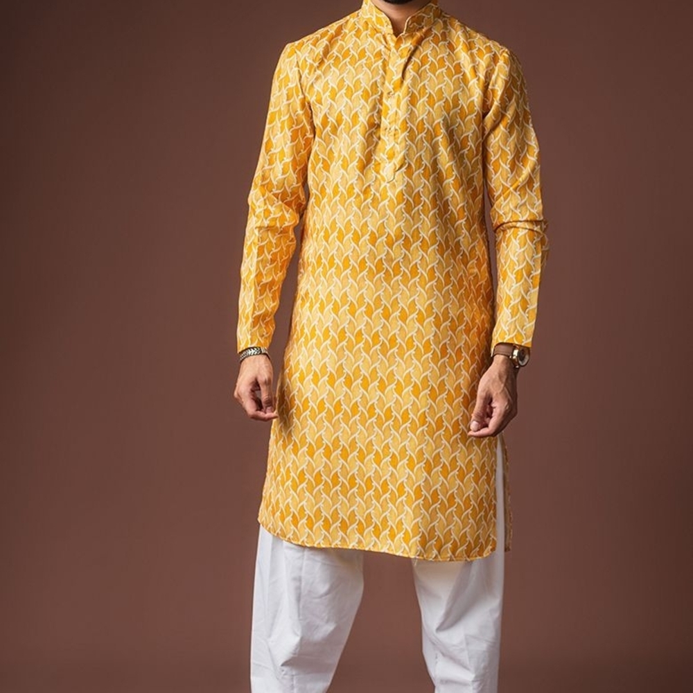 Brand New Yellow Printed Men's Kurta